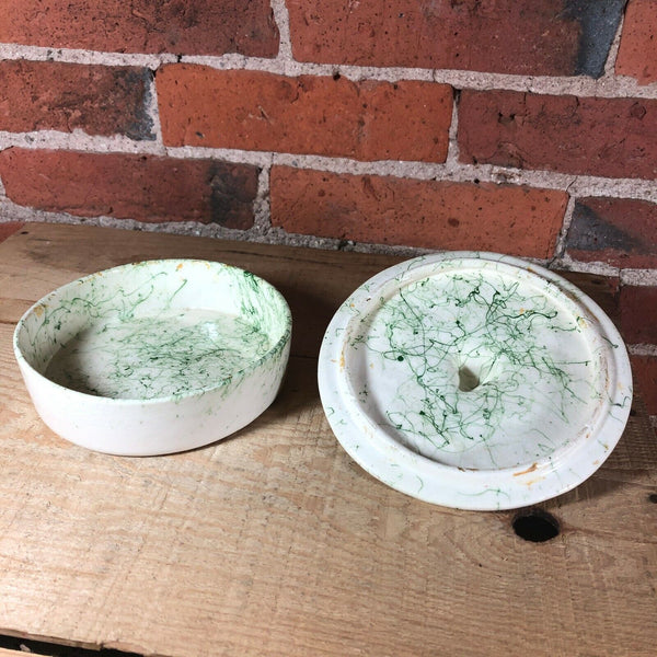 Vintage Ceramic Lazy Susan Serving Set White / Green Drizzle 7 Pieces Wood Base