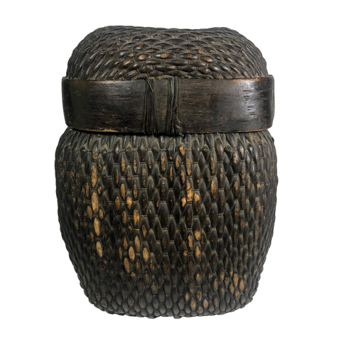 Chinese Rattan Jar / Basket with Lid Dark Brown Asian Primitive Antique