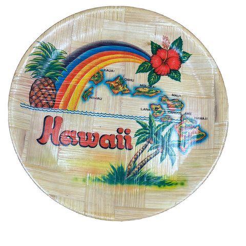 Vintage Woven Bamboo Souvenir Tray Hawaii Hawaiian Islands 10.75" Diameter