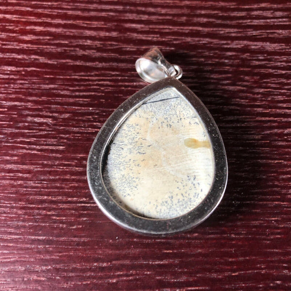Psilomelane Dendrite Stone Cabochon Teardrop Pendant Veining Silver Tone Setting