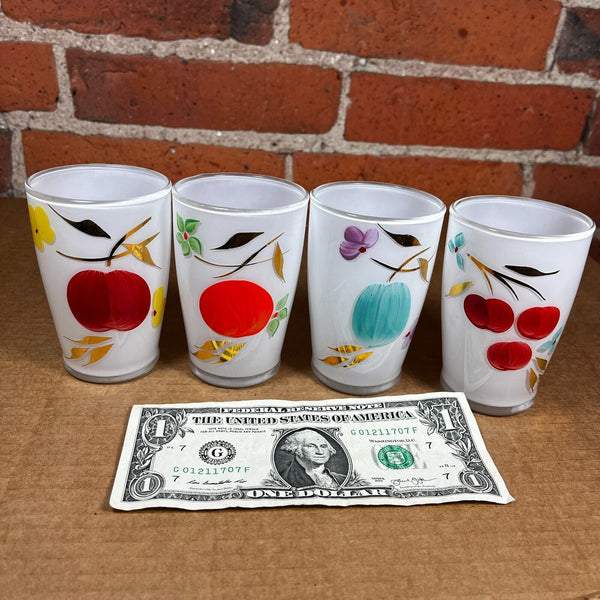 Bartlett Collins Set of 4 White Juice Glasses Hand Painted Fruits w/Gold Accents