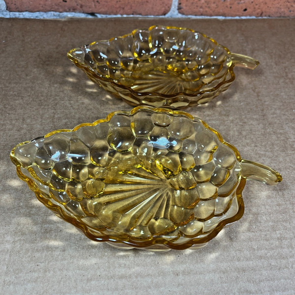 2 Vintage 1950s Anchor Hocking Amber Glass Bubble Grape Sauce Dishes Leaf Shape