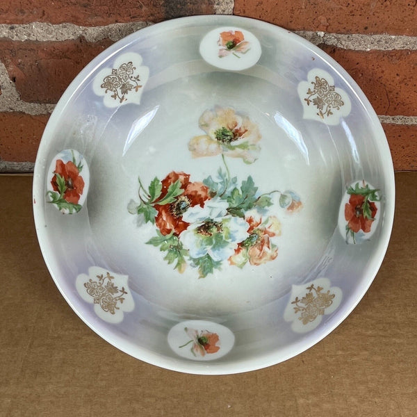 Vintage Porcelain Serving Bowl Stenciled Gray / Floral Made in Germany 9" Dia.