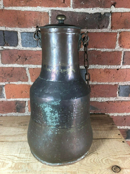 Antique Brass / Copper Milk Jug w/ Chain 19th C Dovetailed Hand Crafted 14" Tall