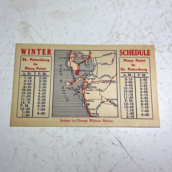 St. Petersburg-Bradenton Ferry Winter Schedule Card Vintage 1950s