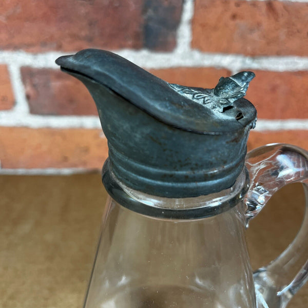 Antique Flint Glass Syrup Pitcher c. 1900 Applied Handle Pontil Mark Metal Lid