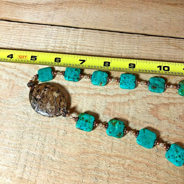 Bold Turquoise Necklace Blue & Brown Large Stones Beaded Spacers Toggle Clasp