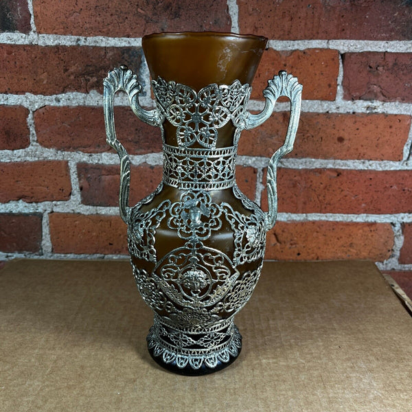 1900s Russian Amphora Vase Amber Frosted Glass w/Silver Plated Zinc Filigree 10"