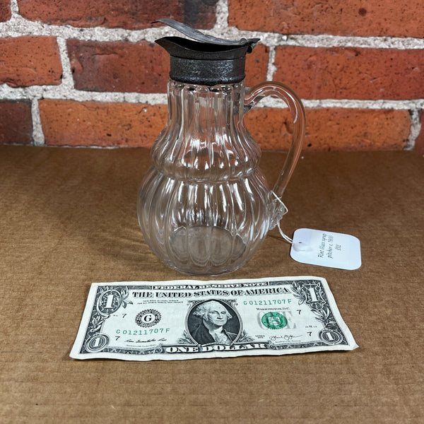 Antique Flint Glass Syrup Pitcher c. 1900 Metal Lid Pontil Mark Applied Handle