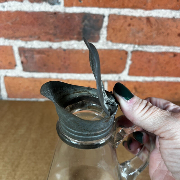 Antique Flint Glass Syrup Pitcher c. 1900 Applied Handle Pontil Mark Metal Lid