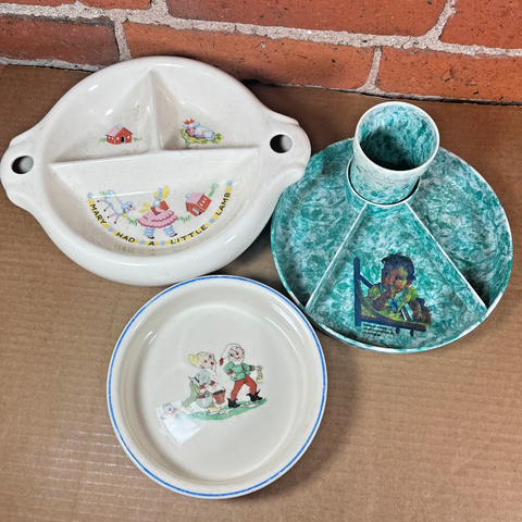 Lot of 3 Vintage Baby Dishes Ceramic / Plastic with Advertising 1940s