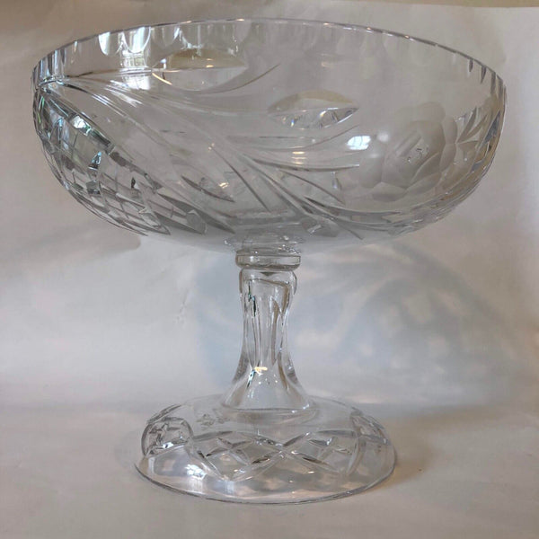 Vintage Pressed Glass Etched Compote Floral Pattern Clear Uncolored