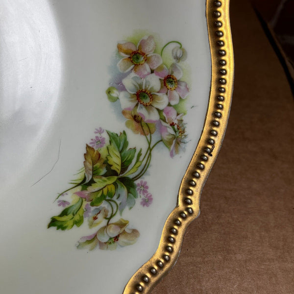 PK Silesia Porcelain Serving Bowl Floral w/ Gold Trimmed Scalloped Edge 9" Dia.