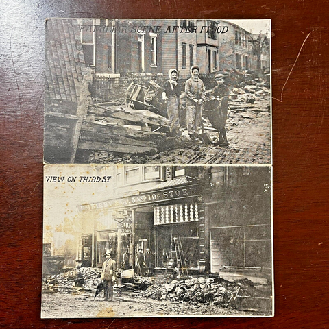 2 RPPC Real Photo Postcards Great Dayton Flood 1913 Ohio Street Scenes Attached