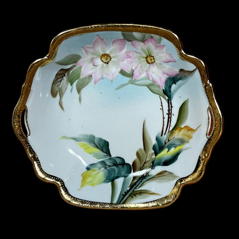 Nippon Hand Painted Porcelain Bowl White Lt. Blue Pink Green Floral Gold Trim