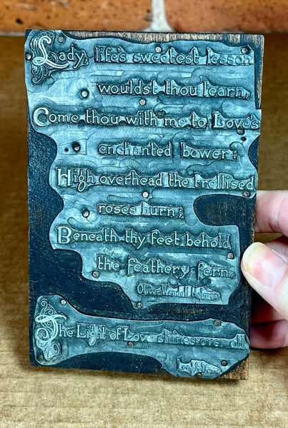 Two Letterpress Print Blocks Wood / Metal Poetry Spencer / Longfellow / Holmes
