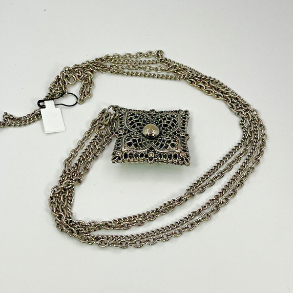 Vintage Pendant Necklace Silver Tone Filigree Hollow 3D Double Chain