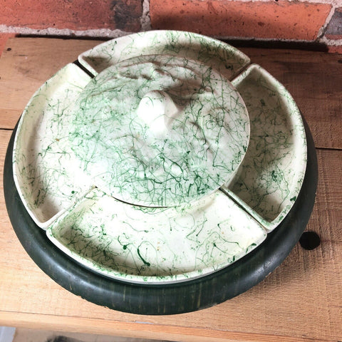 Vintage Ceramic Lazy Susan Serving Set White / Green Drizzle 7 Pieces Wood Base