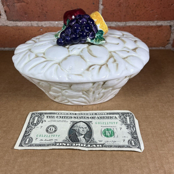 Vintage Enesco Ceramic Lidded Candy Trinket Dish Fruit Bowl White 8" x 6.5" x 5"