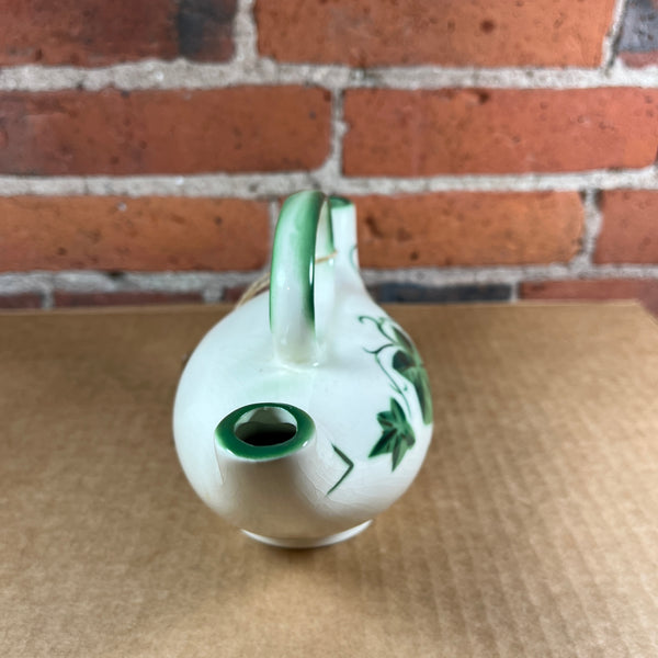 Vintage Double Spout Oil & Vinegar Pitcher White Ceramic w/ Green Ivy Stencil