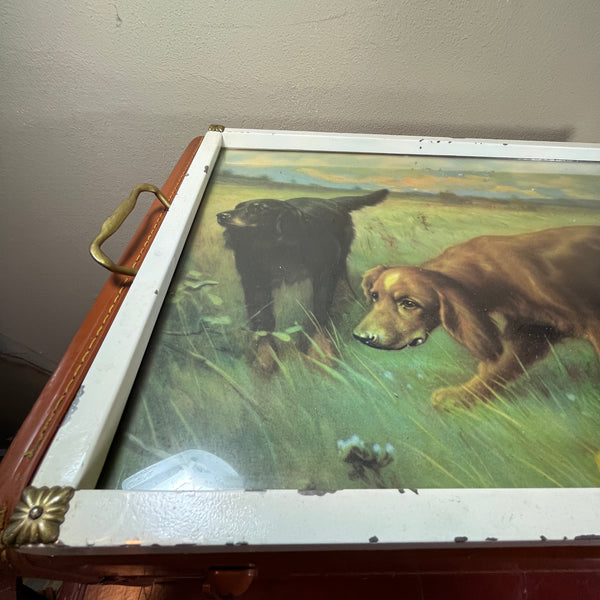 Vintage Metal Serving Tray Dog Print Hunting Retrievers Under Glass