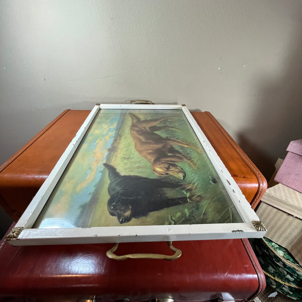 Vintage Metal Serving Tray Dog Print Hunting Retrievers Under Glass
