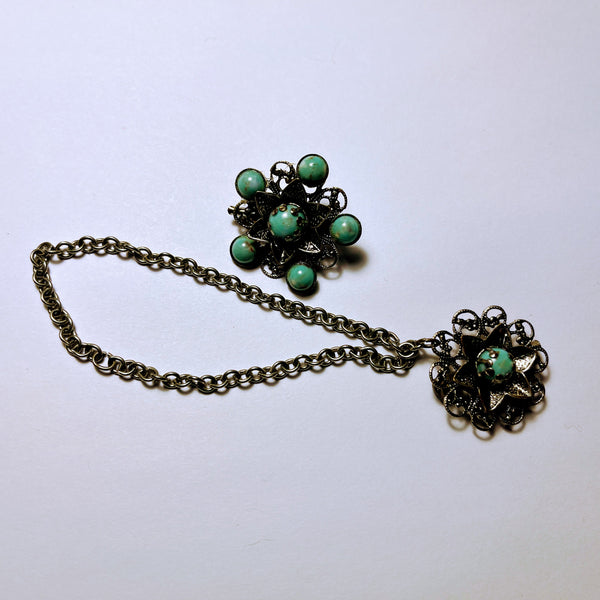 Vintage Brooch 2-Piece w/ Chain Silver Tone Simulated Turquoise