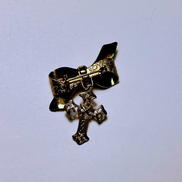 Vintage Brooch Gold Tone Bow / Dangling Cross