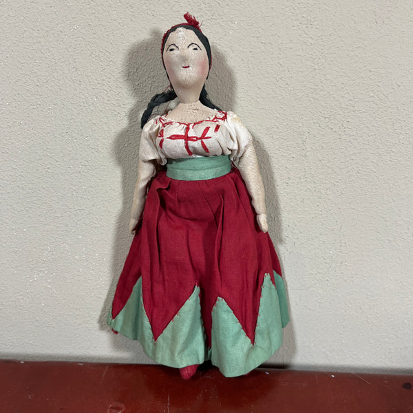 Handmade Mexican Folk Art Souvenir Doll Red/Green/White Cotton Dress 9" Tall