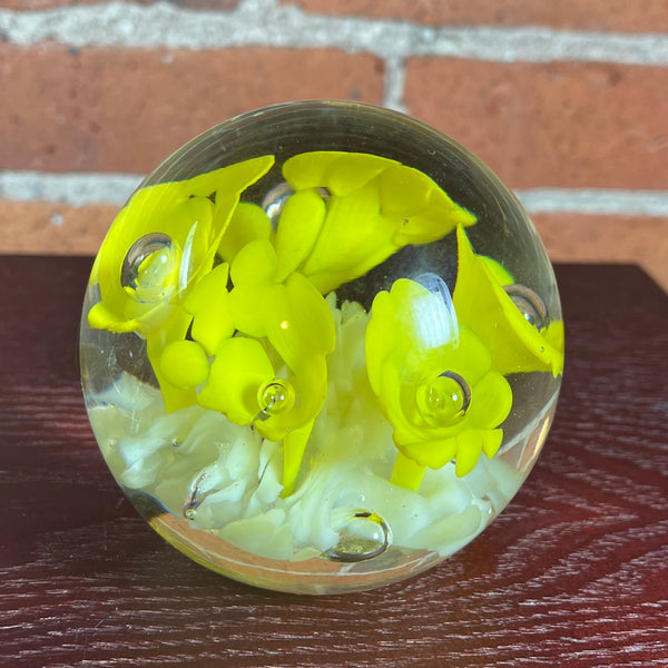 Vintage St. Clair Glass Paperweight Yellow Flowers White Base 3.25" x 3.25"