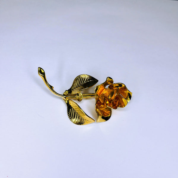 Vintage Gold Tone Brooch Pin Rose w/ Stem and Flowers Marked Cerrito