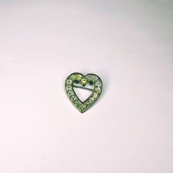 Vintage Silver Tone / Crystal Clear Rhinestone Heart Shaped Pin