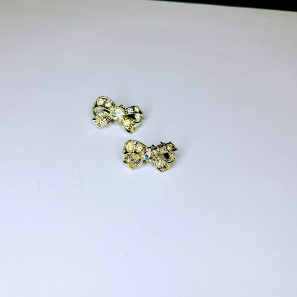 Vintage Pair of Small Silver Tone / Rhinestone Bow Shaped Scatter Pins