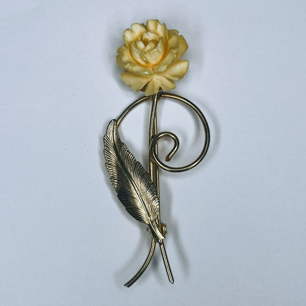 Vintage Gold Tone White Celluloid Rose Flower Brooch Pin 2.25" Long