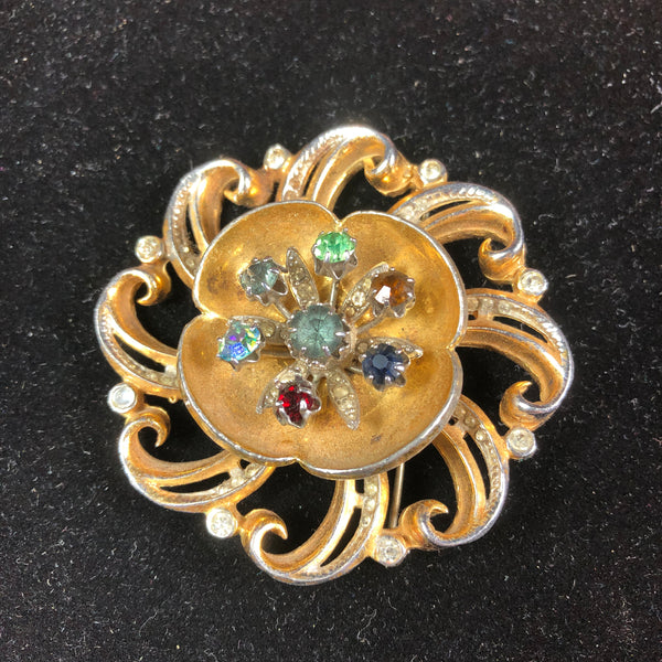 Vintage Jeweled Gold Tone Brooch Pin Unbranded Multicolored Rhinestones 2.5" Dia