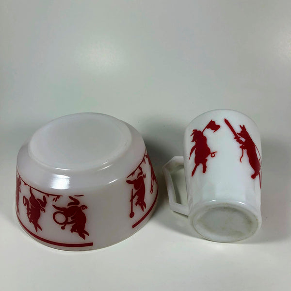 Anchor Hocking Milk Glass Child's Mug and Bowl Set Three Little Pigs Red & White