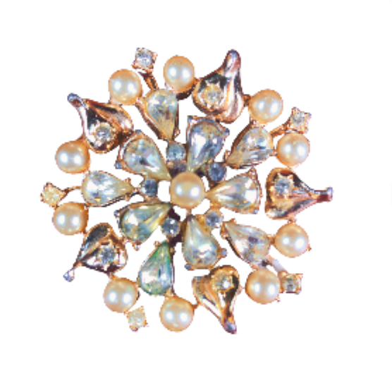 Vintage Jeweled Brooch Pin Clear Rhinestones Simulated Pearls
