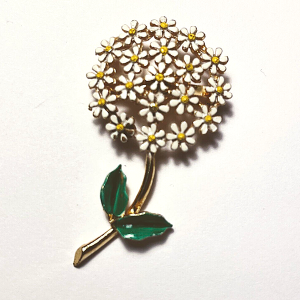 Vintage Brooch Flowers White Petals Yellow Centers Green Leaves