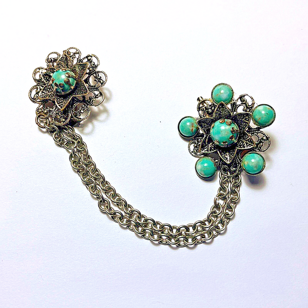 Vintage Brooch 2-Piece w/ Chain Silver Tone Simulated Turquoise