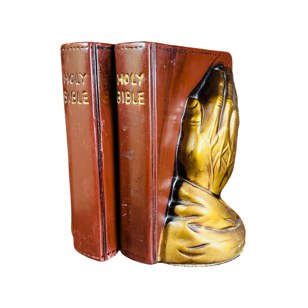 Vintage Pair of Ceramic Bookends Holy Bible With Praying Hands Sand Filled