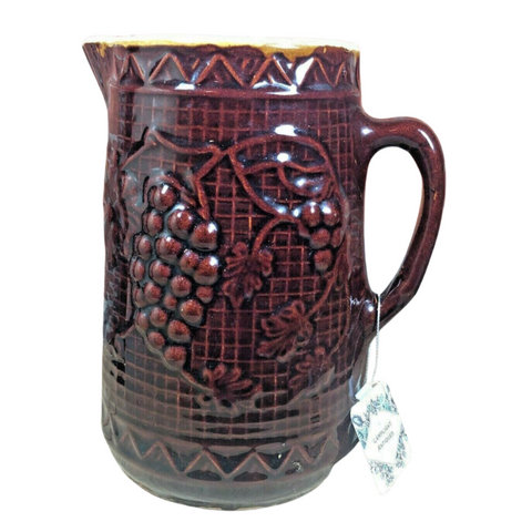 Uhl Pottery Stoneware Pitcher Brown Embossed Grapes and Lattice 9" Tall Antique